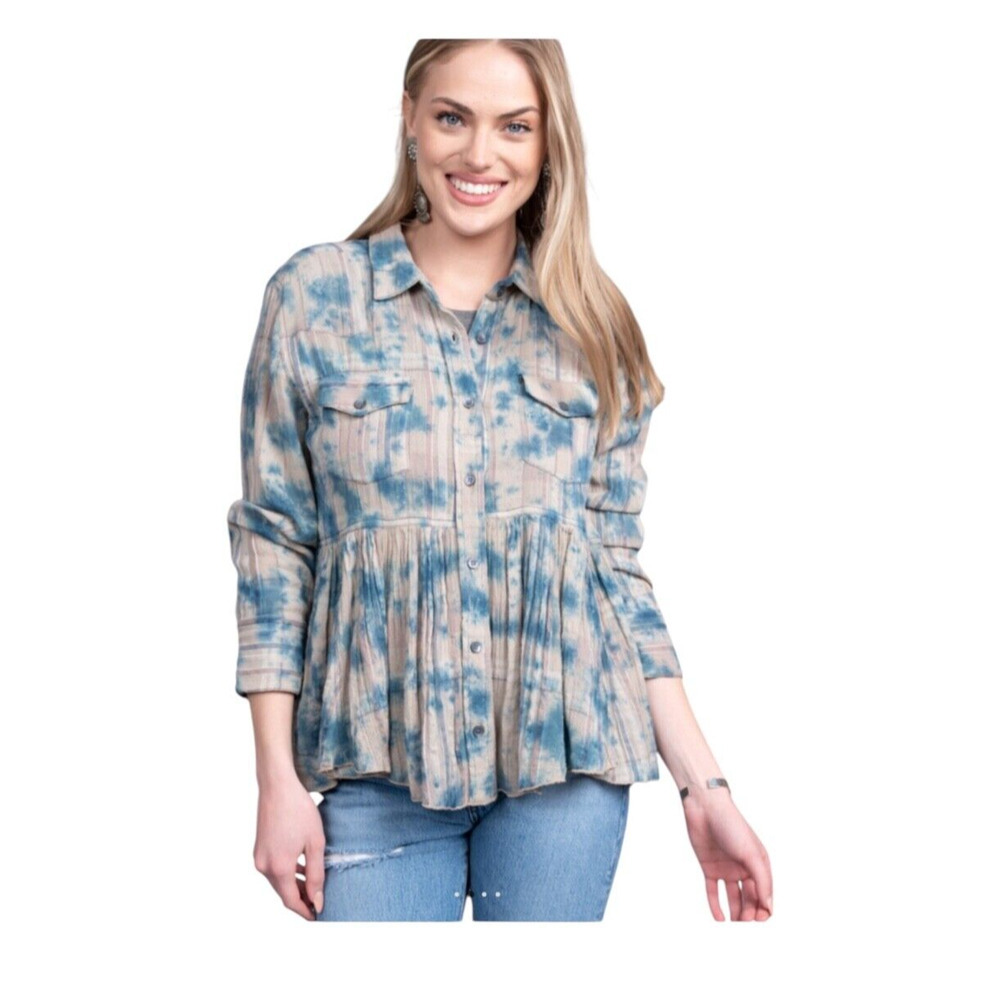 Ivy Jane Top Size L‎ Beige Tie Dye Button Up Cotton Hi Low Cotton Peplum Peasant